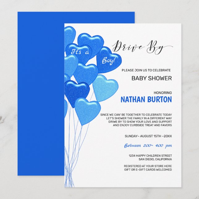 Invitación Globos azules conducidos por bebé (Anverso / Reverso)