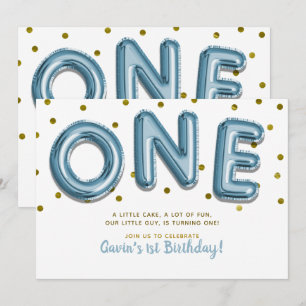 Invitación Globos Azules Confeti Dorado Cumpleaños UNO 1 Prim