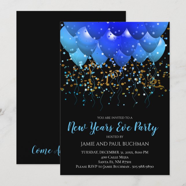 Invitación Globos azules Confetti de oro Nochevieja negra (Anverso / Reverso)
