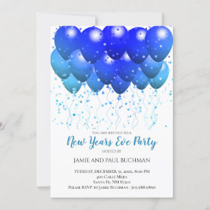 Invitación Globos azules Confetti Fiesta de Nochevieja Blanca