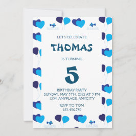 Invitación Globos azules Corazones Niños Fiesta de cumpleaños