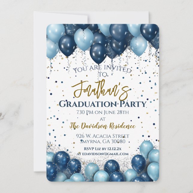 Invitación Globos azules de la Marina del Partido de Graduaci (Anverso)