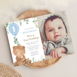 Invitación Globos azules de oso de peluche niño de primer cum