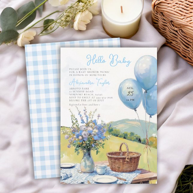 Invitación Globos Azules de Pícnic Flores Silvestres Ducha de (picnic baby shower invitation template boy summer floral balloons wildflowers backyard outdoors)