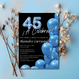 Invitación Globos Azules Españoles en Cumpleaños Negro 45