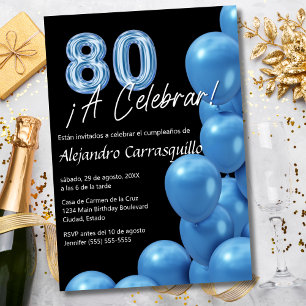 Invitación Globos Azules Españoles Presupuesto Cumpleaños 80 