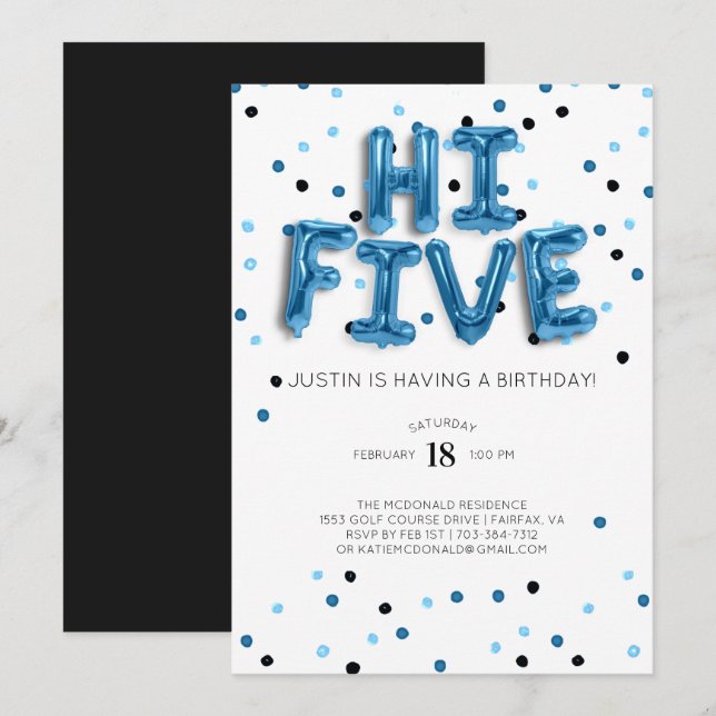 Invitación Globos azules | Hi Five Birthday (Anverso / Reverso)