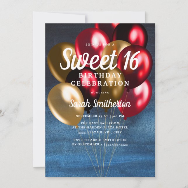 Invitación Globos Azules Navales Rojo Oro Dulces 16 (Anverso)