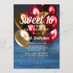 Invitación Globos Azules Navales Rojo Oro Dulces 16