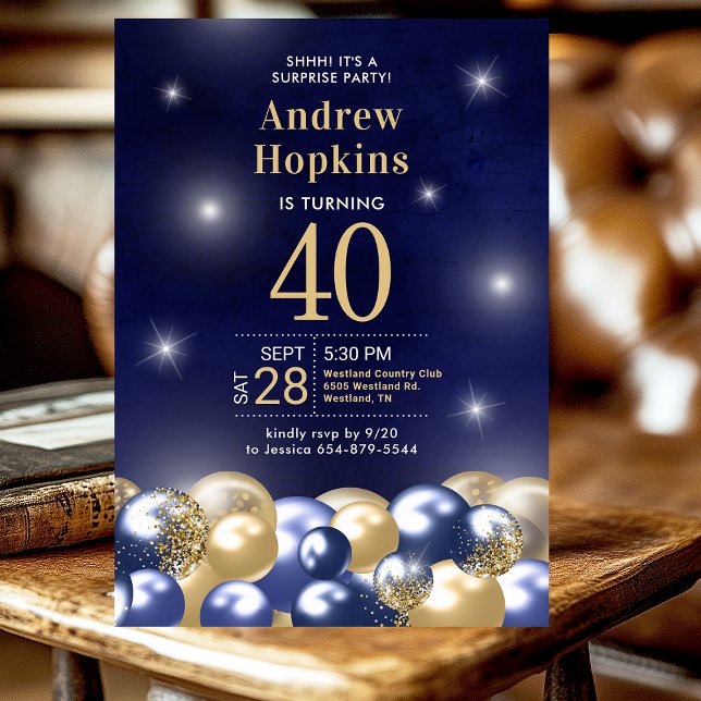 Invitación Globos azules navy y dorados para sorpresa de cump (Subido por el creador)