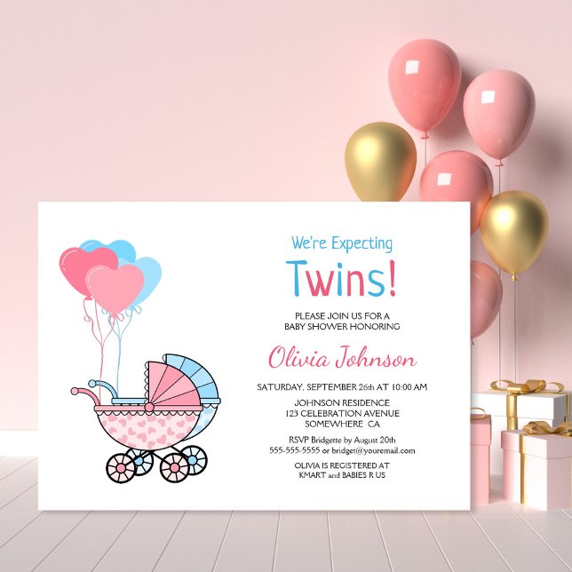 Invitación Globos azules rosados Baby Shower y Stroller gemel (Subido por el creador)