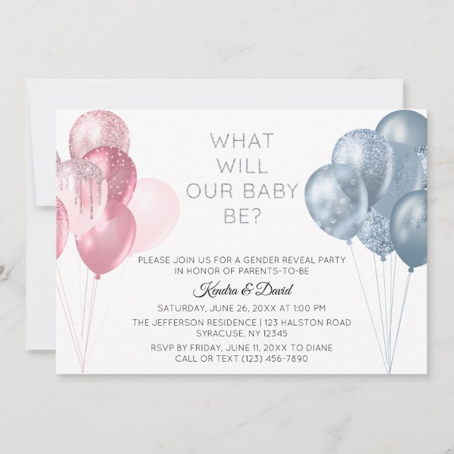 Invitación Globos azules rosados modernos Fiesta de revelació (Anverso)