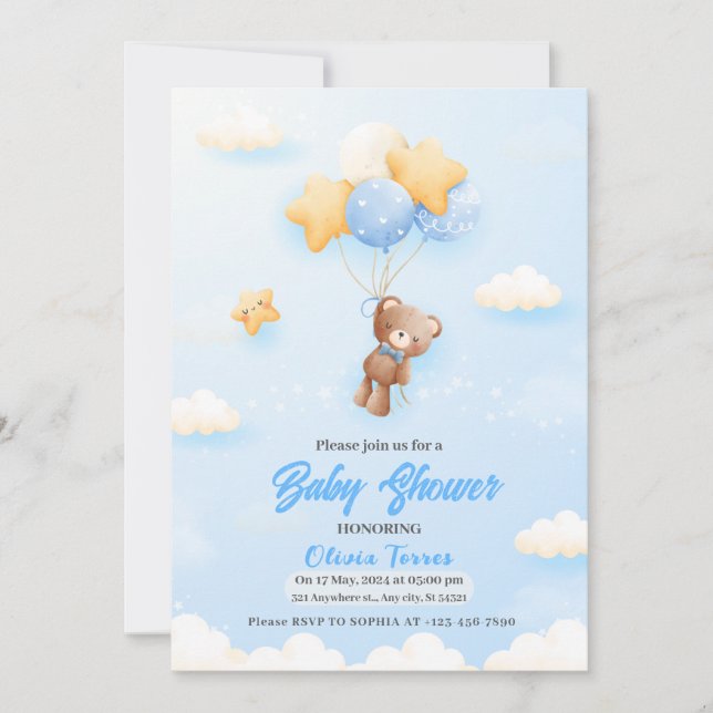 Invitación globos azules, Teddy Bear Boy baby Shower (Anverso)