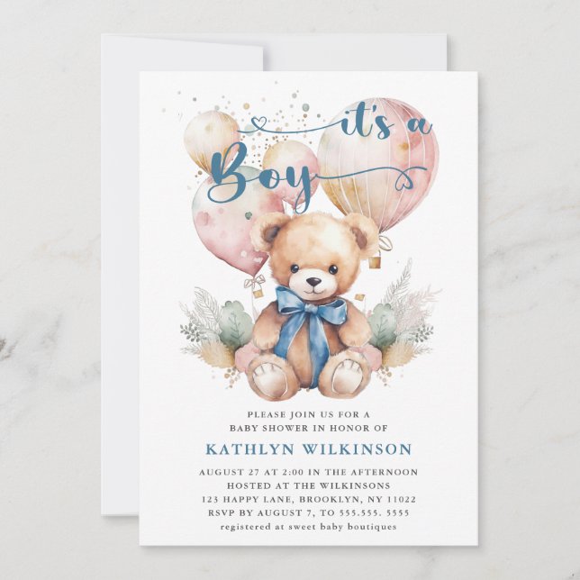 Invitación Globos azules Teddy Bear Cute Boy Baby Shower (Anverso)
