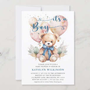 Invitación Globos azules Teddy Bear Cute Boy Baby Shower