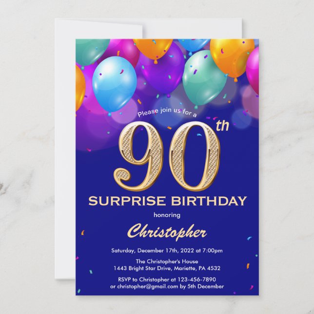 Invitación Globos azules y de oro de la marina de cumpleaños  (Anverso)