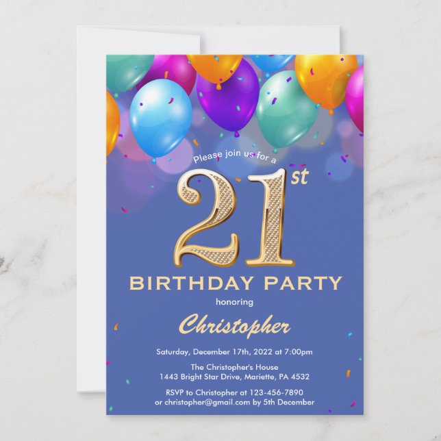 Invitación Globos azules y dorados de cumpleaños 21 (Anverso)