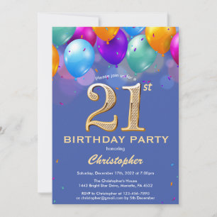 Invitación Globos azules y dorados de cumpleaños 21