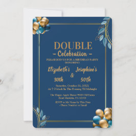 Invitación Globos azules y dorados de doble cumpleaños