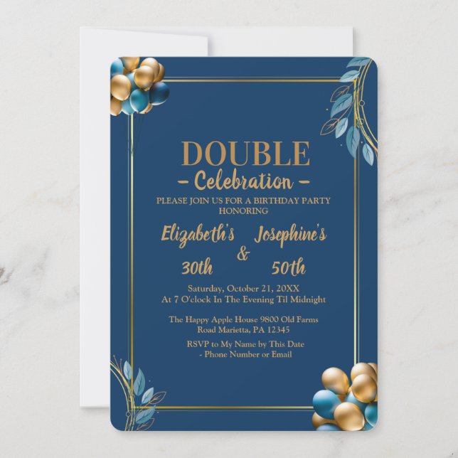Invitación Globos azules y dorados de doble cumpleaños (Anverso)