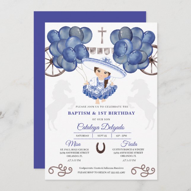 Invitación Globos azules y plateados Bebé Charra Mexicano Bau (Anverso / Reverso)
