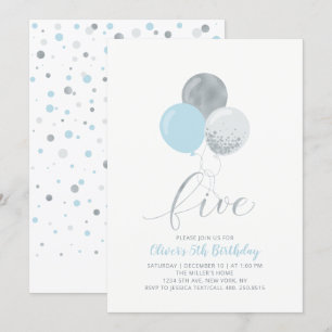 Invitación Globos Azules y Plateados Cumpleaños Cinco 5to Niñ