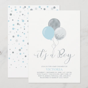Invitación Globos Azules y Plateados Es una Ducha de Bebe N