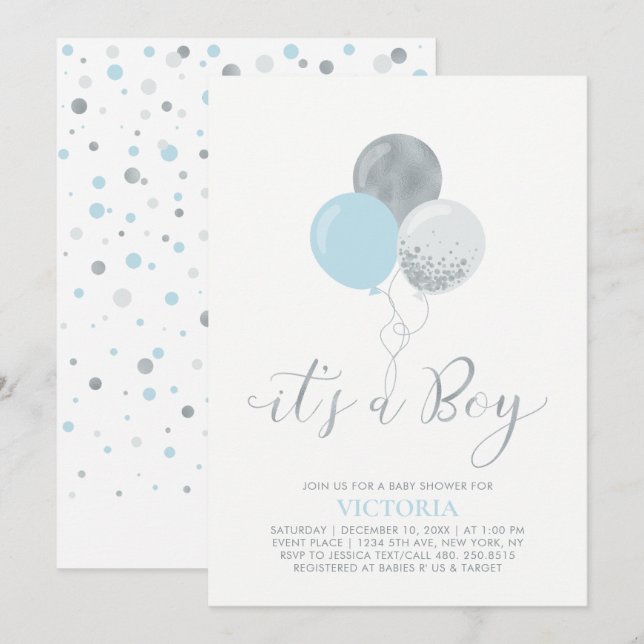 Invitación Globos Azules y Plateados | Es una Ducha de Bebe N (Anverso / Reverso)