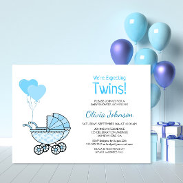 Invitación Globos azules y Stroller de Baby Shower gemelos