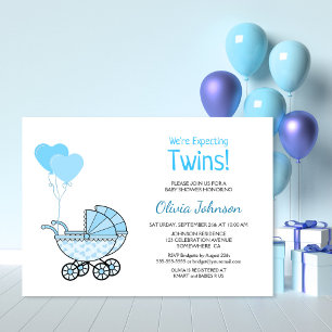 Invitación Globos azules y Stroller de Baby Shower gemelos