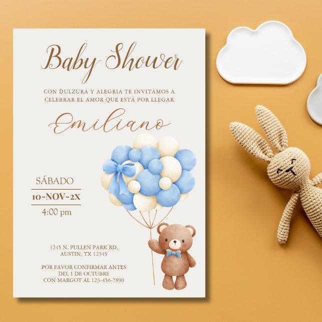 Invitación Globos Baby Shower en español de Teddy Bear (Teddy Bear Spanish Baby Shower Balloons Invitation)