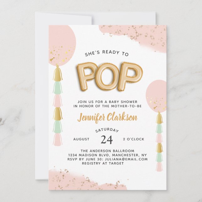 Invitación Globos Baby Shower "Listos para pop" (Anverso)