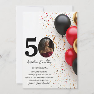 Invitación Globos Black and Gold Red fiesta de cumpleaños 50