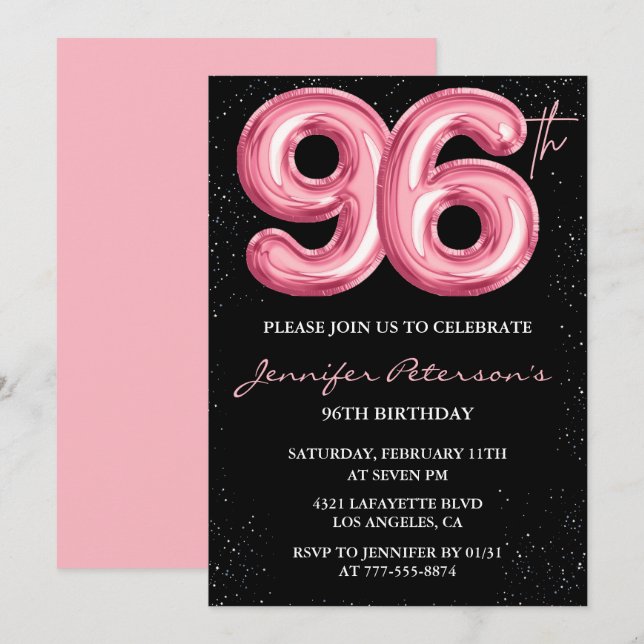 Invitación Globos Black Pink Glam cumpleaños 96 (Anverso / Reverso)
