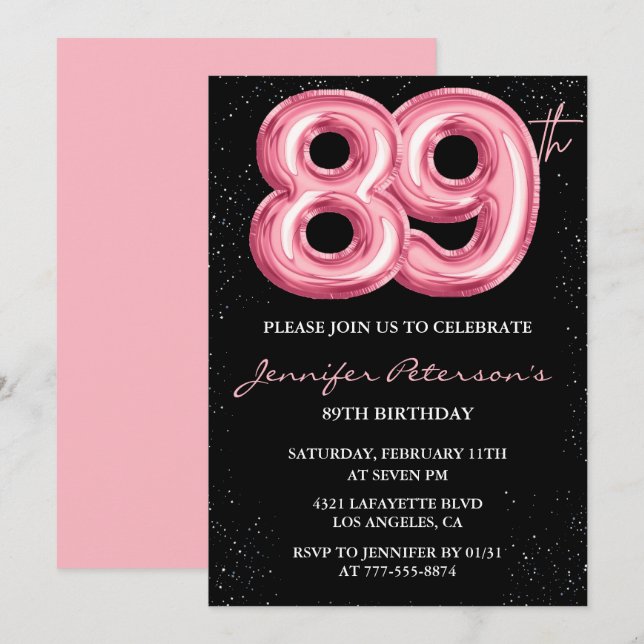Invitación Globos Black Pink glam para 89 cumpleaños (Anverso / Reverso)