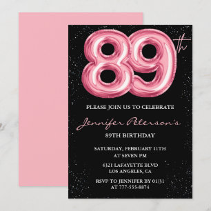 Invitación Globos Black Pink glam para 89 cumpleaños