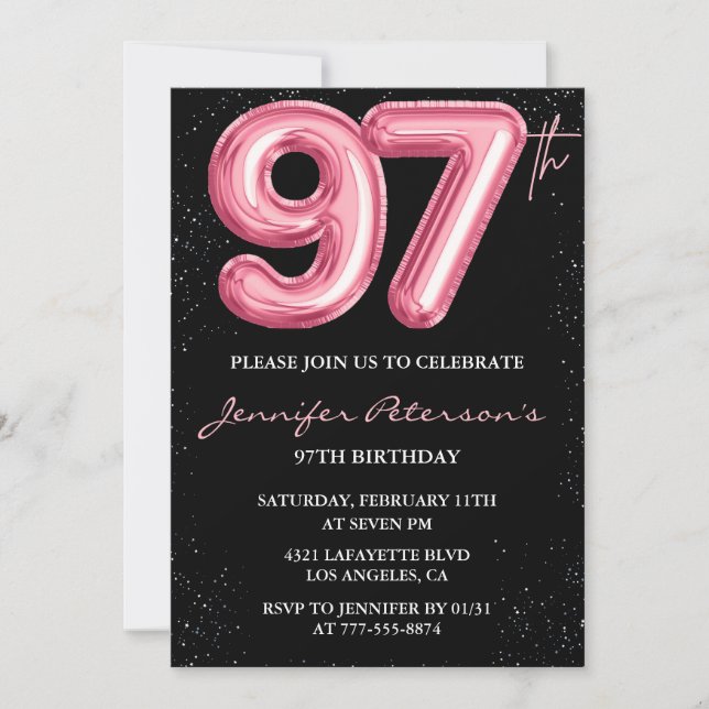 Invitación Globos Black Pink glamurosos cumpleaños 97 (Anverso)