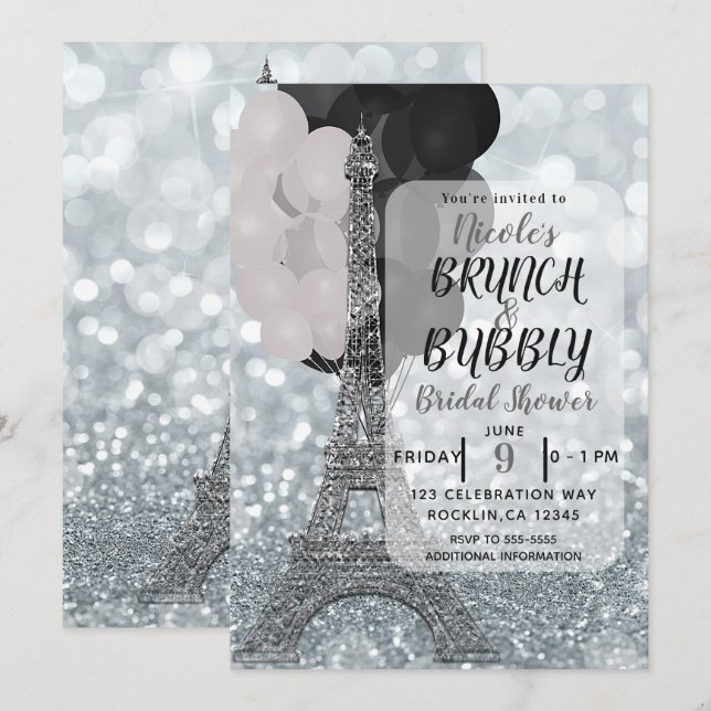 Invitación Globos blancos de purpurina plateada Torre Eiffel  (Anverso / Reverso)
