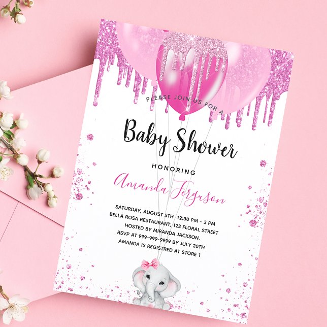 Invitación Globos blancos del chica de elefantes rosa de Baby (Subido por el creador)