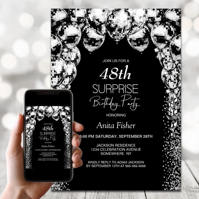 Invitación Globos blancos negros Cualquier cumpleaños sorpres (Subido por el creador)