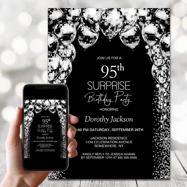 Invitación Globos blancos negros sorprenden fiesta de cumplea (Subido por el creador)