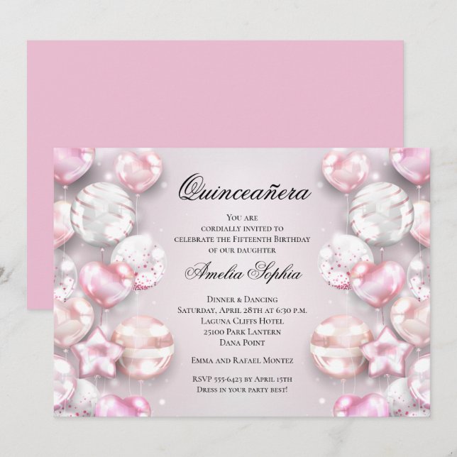 Invitación Globos blancos rosados Quinceañera (Anverso / Reverso)