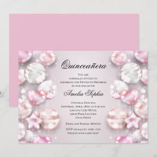 Invitación Globos blancos rosados Quinceañera