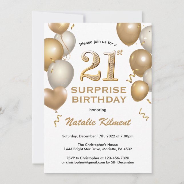 Invitación Globos blancos y de oro de cumpleaños 21 sorprende (Anverso)
