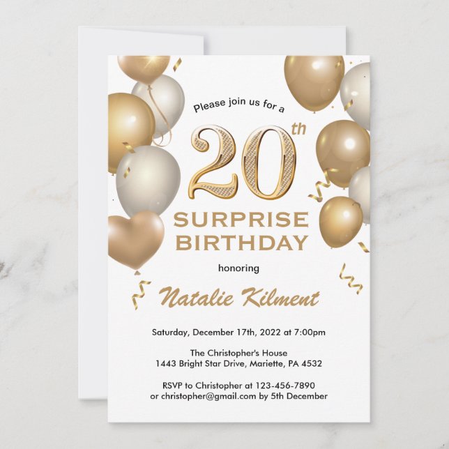 Invitación Globos blancos y de oro de cumpleaños número 20 so (Anverso)