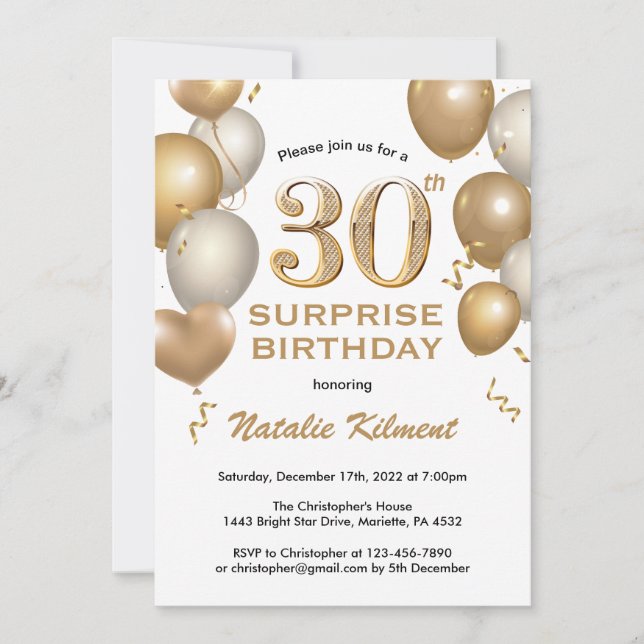 Invitación Globos blancos y de oro de cumpleaños número 30 de (Anverso)