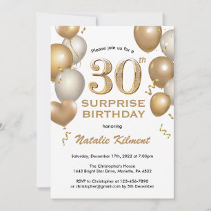 Invitación Globos blancos y de oro de cumpleaños número 30 de