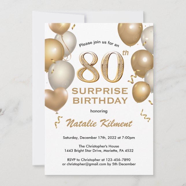 Invitación Globos blancos y de oro de cumpleaños número 80 de (Anverso)