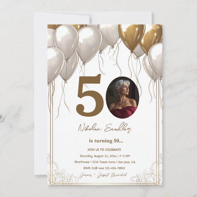 Invitación Globos blancos y dorados Fiesta de 50 cumpleaños (Anverso)