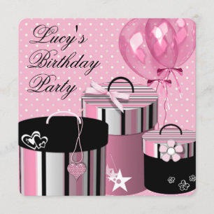 Invitación Globos Bonitos Regalo Cumpleaños Rosa y Negro Fies